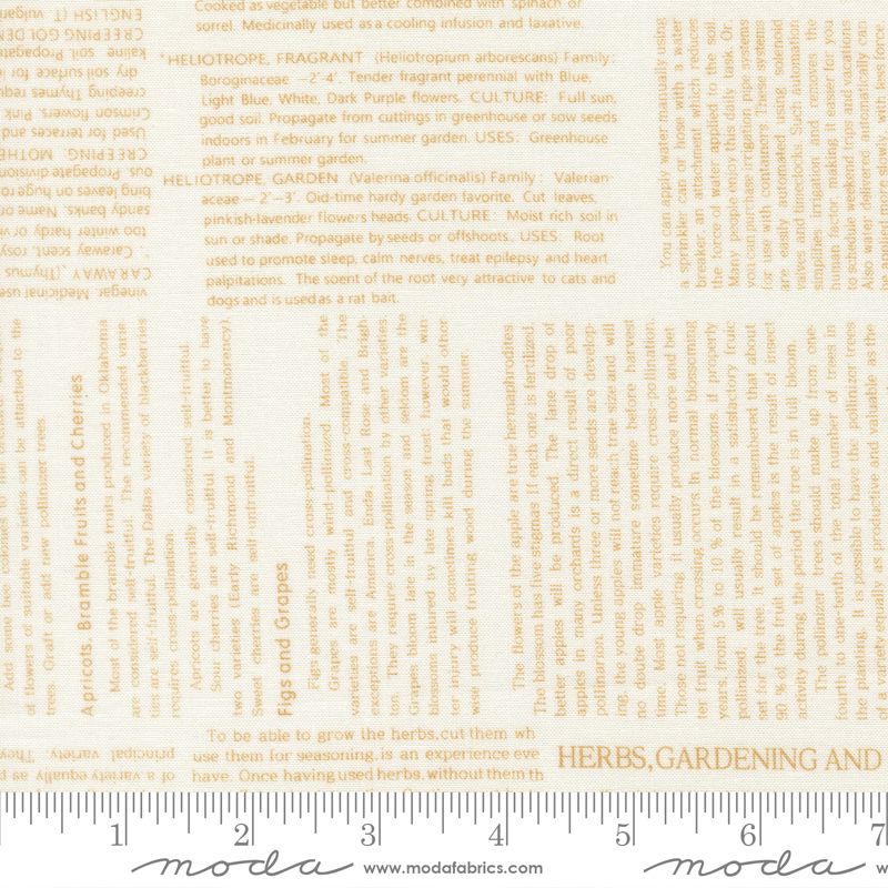 A close-up of a fabric featuring beige text on a cream background, with a measuring ruler along the bottom edge showing scale. The text includes gardening and herb references, and the word 'moda' appears at the bottom.