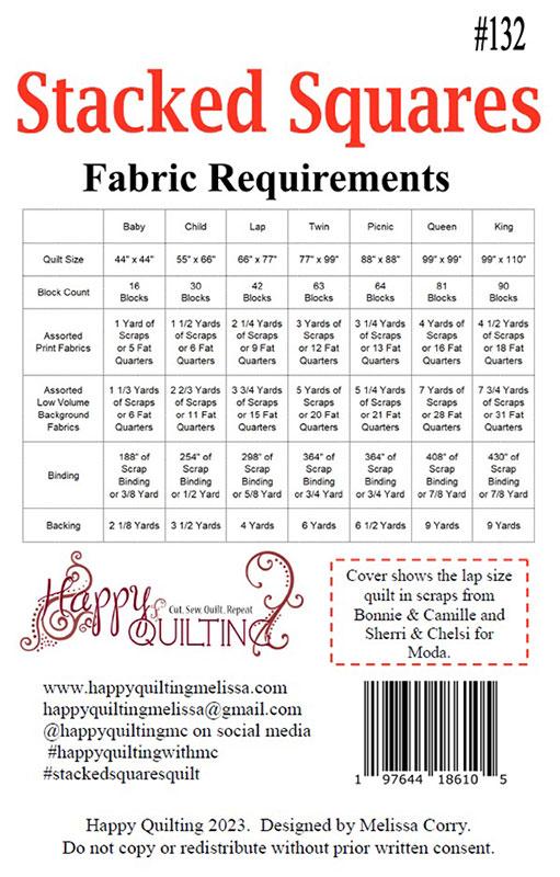 Fabric requirements chart for different quilt sizes with Happy Quilting branding.