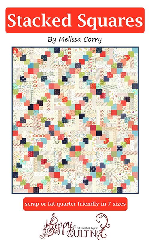 Quilt pattern book cover titled 'Stacked Squares' by Melissa Corry with a colorful quilt design on a white background.