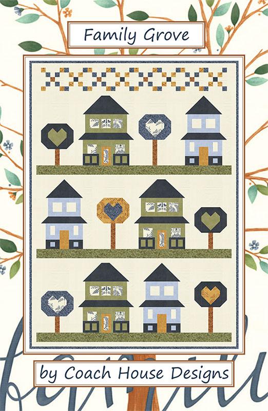Quilt pattern titled 'Family Grove' by Coach House Designs with houses and trees on a beige background.