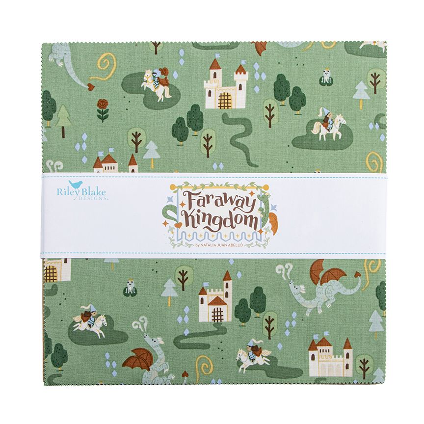 Layer Cake precut fabric with 'Faraway Kingdom' pattern featuring castles, dragons, and unicorns on a green background.