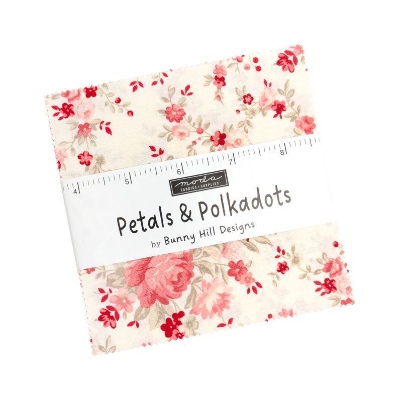 Floral charm pack with 'Petals & Polkadots' label by Bunny Hill Designs on a white background