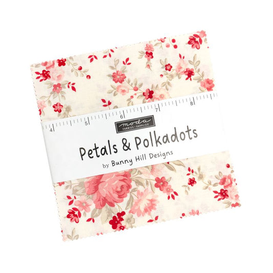 Floral charm pack with 'Petals & Polkadots' label by Bunny Hill Designs on a white background