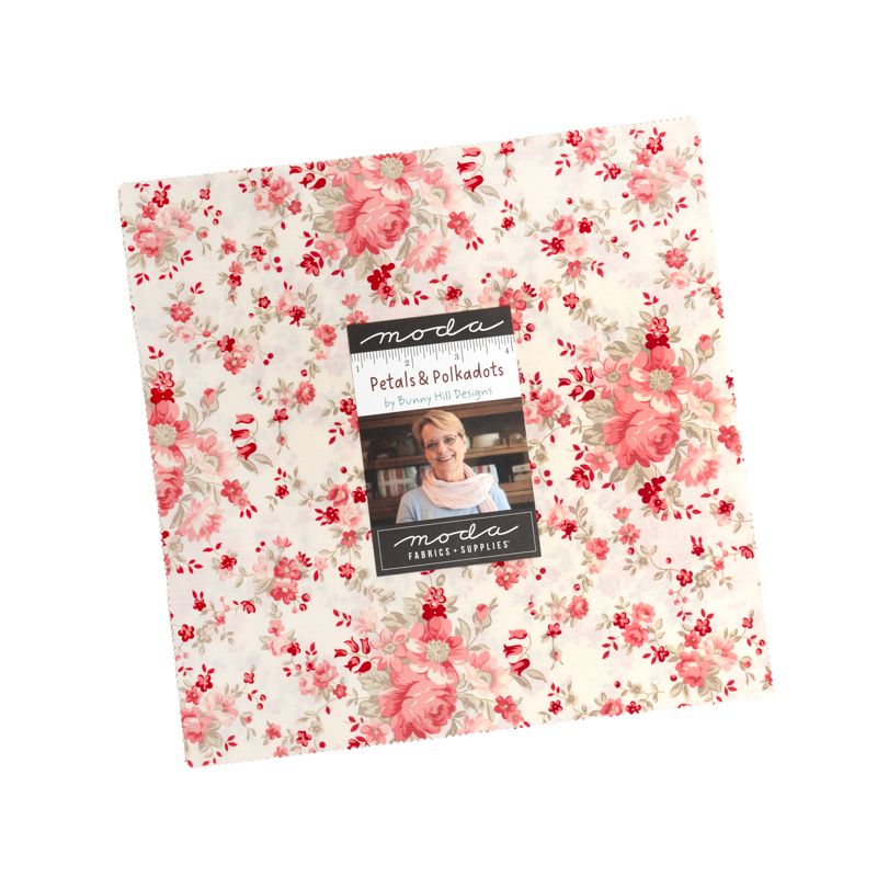 Layer cake of floral fabric with 'Moda' label on a white background