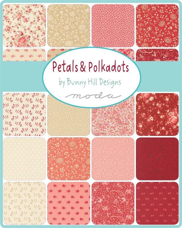 Collection of floral fabric swatches with 'Petals & Polkadots' by Bunny Hill Designs branding.