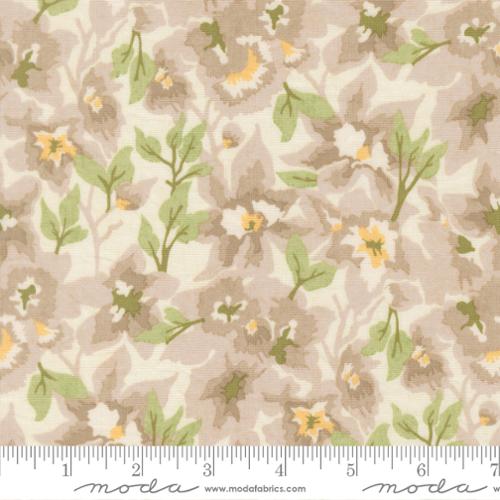 Floral fabric pattern with green leaves and yellow flowers on a beige background, featuring Moda label.