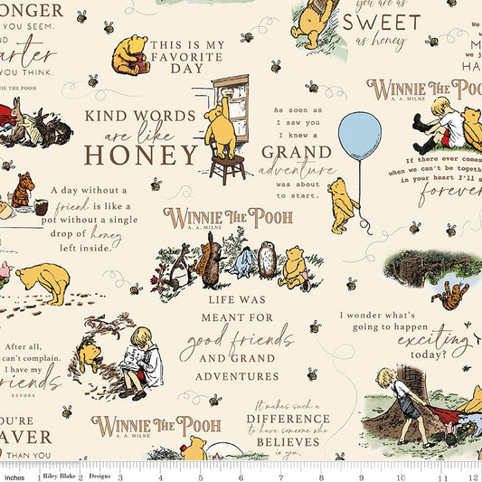 Winnie the Pooh fabric with characters and text on a cream background
