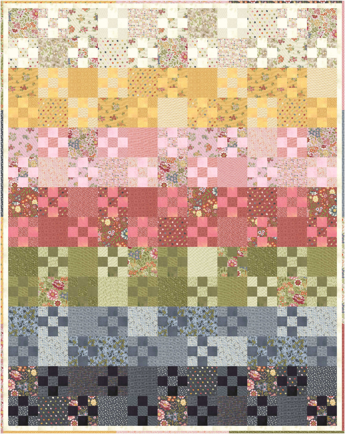 A bargello-type quilt featuring horizontal rows of patchwork blocks in a rainbow of colors and patterns, including florals, checks, stripes, and solid blocks, transitioning from cream and yellow through pink and red to green, blue, and dark gray.