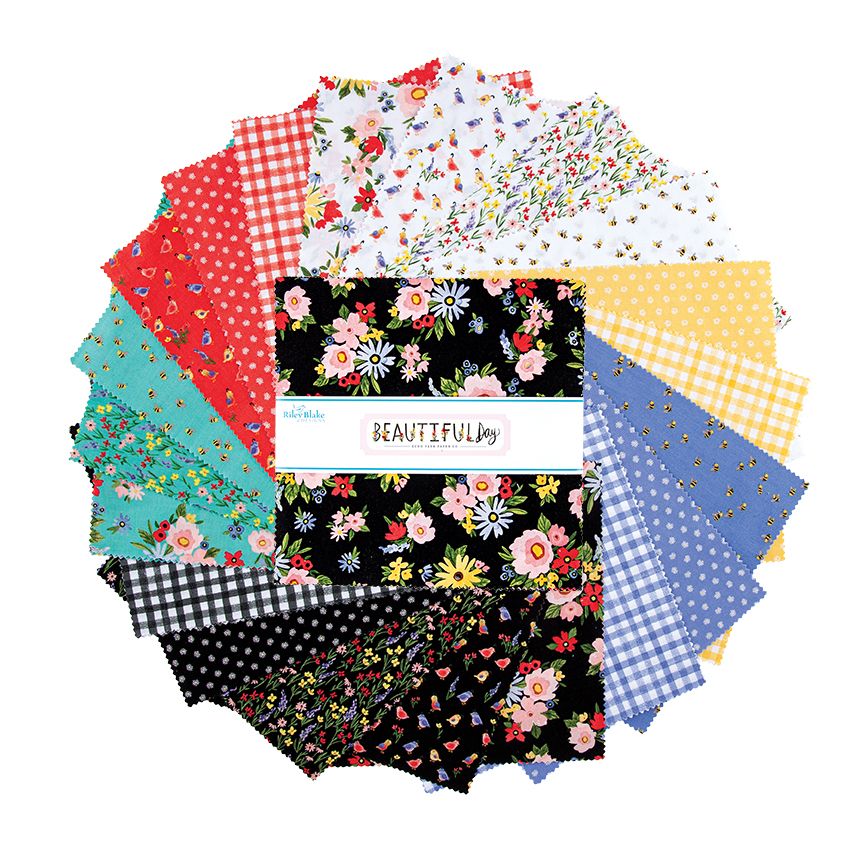 A circular arrangement of colorful fabric swatches with various patterns including gingham, florals, and polka dots, featuring a central label that reads 'Beautiful Joy'.