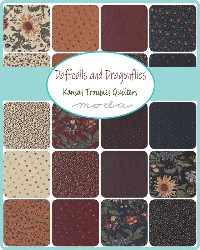 A fabric pattern sampler grid with 16 square swatches showcasing various floral and dot patterns in earthy tones, with a central white oval label reading 'Daffodils and Dragonflies Kansas Troubles Quilters moda'.
