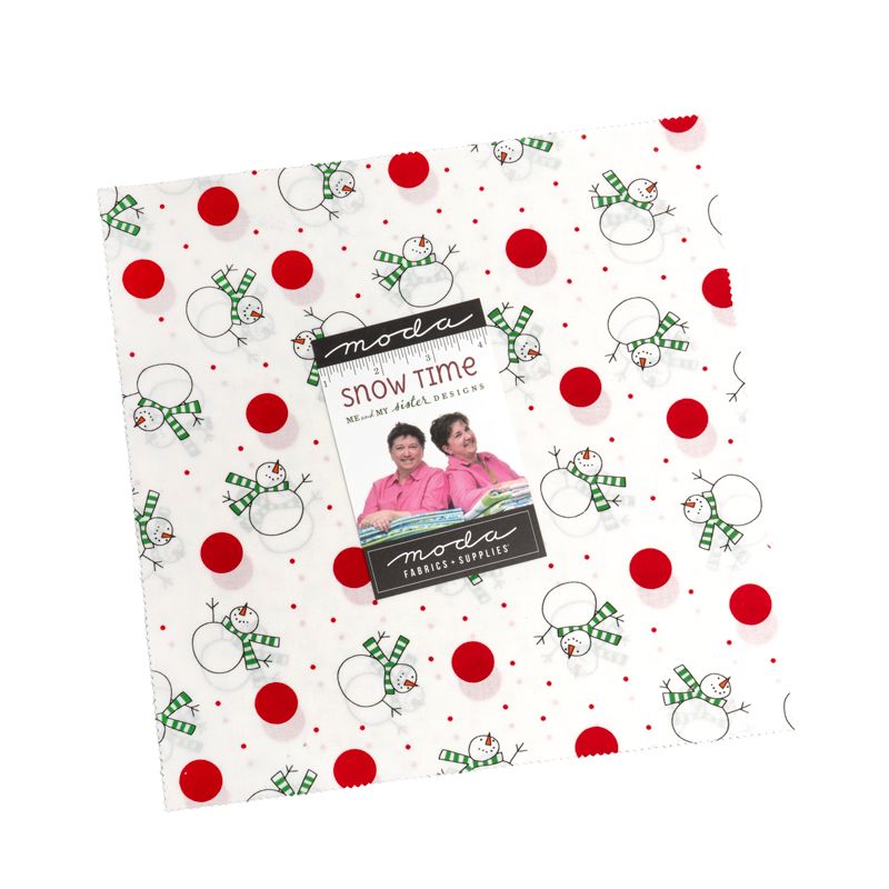 Fabric with snowman and polka dot pattern, featuring Moda label.