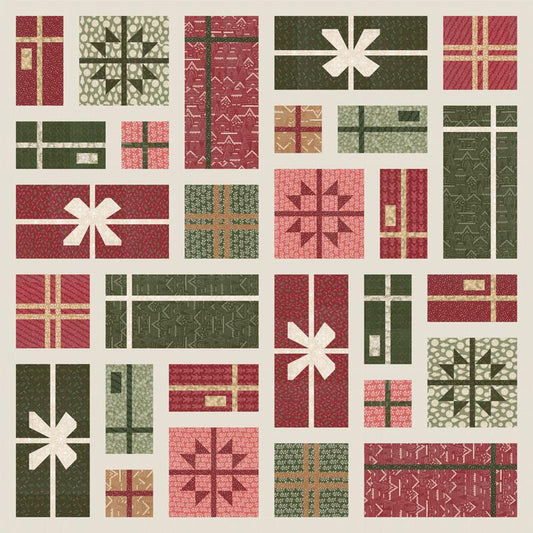 A quilt with the pattern of gift boxes with bows in red, green, and pink on a beige background