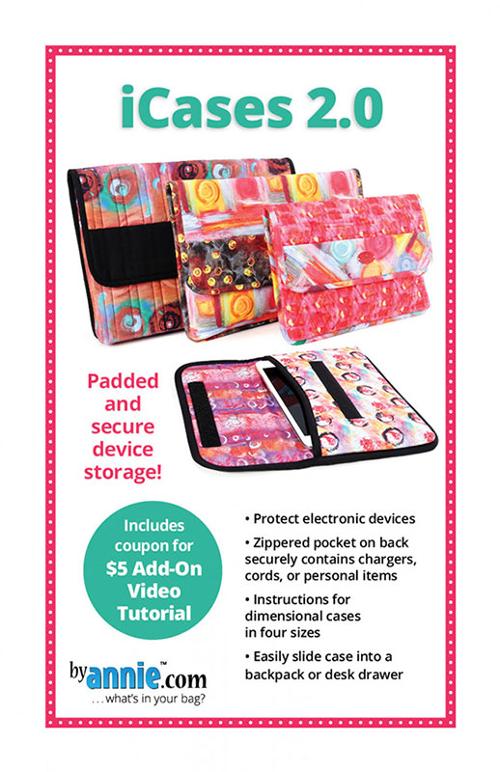 Front of pattern for iCases 2.0 with colorful cases and product details.