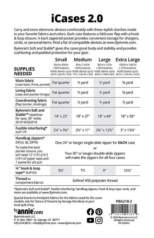 Back of the iCases 2.0 pattern, showing size and supply information in a table format for Small, Medium, and Extra Large cases.
