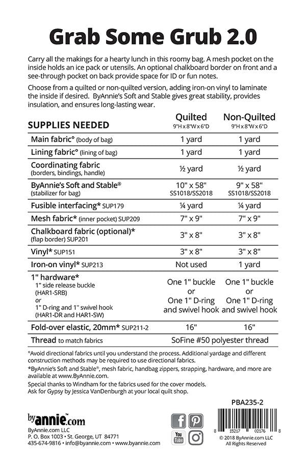 Back of the packaging for By Annie Grab Some Grub 2.0, showing supply lists, quilting and sewing options, hardware, and thread specifications on a white background.