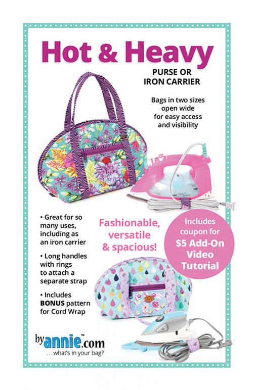 A pattern graphic for a hot and heavy purse or iron carrier set by annie.com, showing two floral patterned bags, a pink iron, and a small iron case with accessories on a white background with decorative text and a teal border.