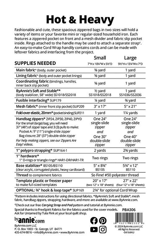 A black-and-white printed supply list and sizing table for cord wrap bags, headed 'Hot & Heavy,' with columns for Small and Large sizes and rows listing materials such as main fabric, liner, cord wraps, binding, fusible webbing, mesh fabric, elastic, zipper, and thread.