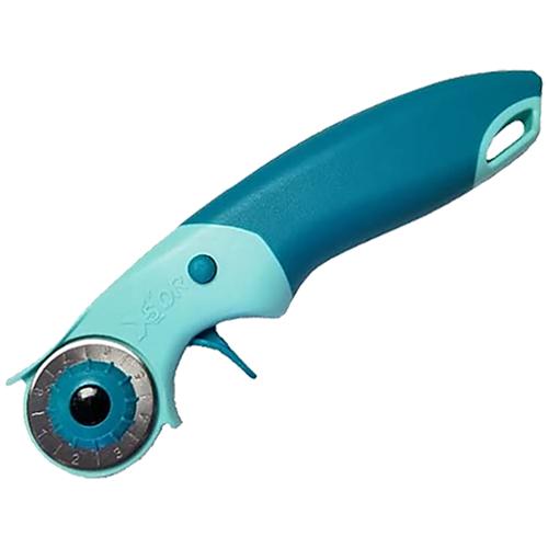 A rotary cutter with a teal and light blue handle and a silver metal blade, shown on a plain white background.