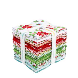 A stack of folded fabric pieces tied with a white ribbon, featuring a holiday pattern with red poinsettias, green leaves, and white backgrounds.