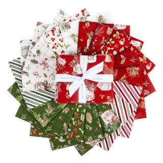 A circular arrangement of assorted Christmas-themed fabric swatches in red, green, white, and striped patterns, with a red and white gift box tied with a white ribbon placed in the center on a white background.