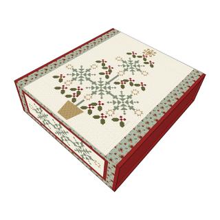 A square decorative gift box with a red border and lid, featuring a cream front panel decorated with a potted holly tree motif and a patterned border.