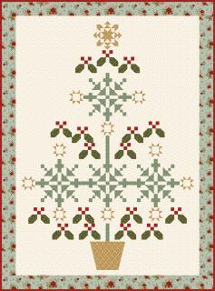A quilt pattern design featuring a Christmas tree with green holly leaves, red berries, snowflake ornaments, and a gold star, set in a brown pot on a cream background with a patterned border.