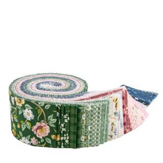 Roll of fabric with various patterns on a white background