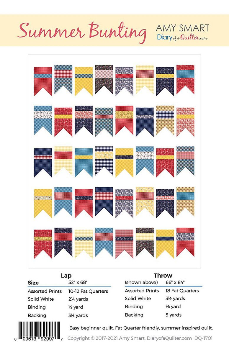 A quilting pattern back for 'Summer Bunting' by Amy Smart from Diary of a Quilter, showing a grid of colorful bunting flag designs with size and yardage details listed below.