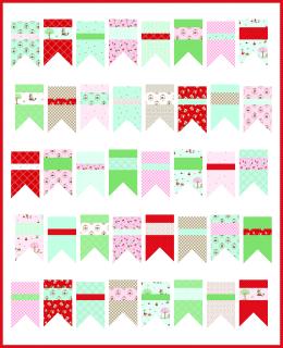 A quilt with bunting flags in various holiday patterns, featuring red, green, pink, and beige designs, arranged in rows on a white background with a red border.