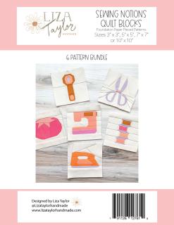Sewing notions quilt blocks pattern bundle by Liza Taylor on a pink background