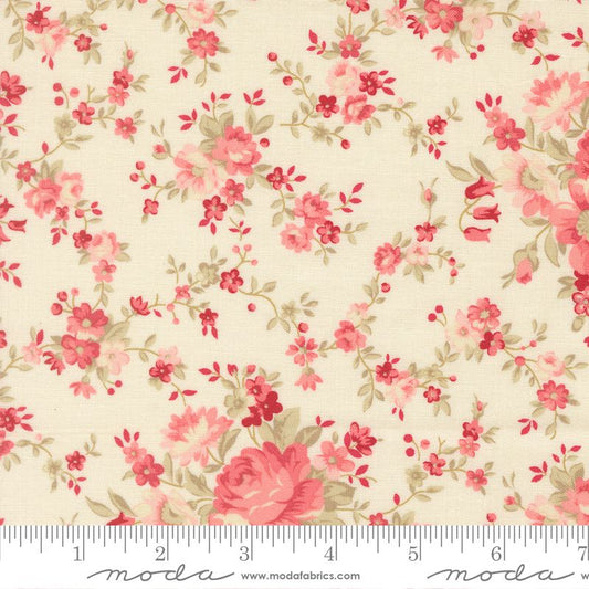 Floral fabric pattern with pink flowers on a cream background, featuring Moda label.