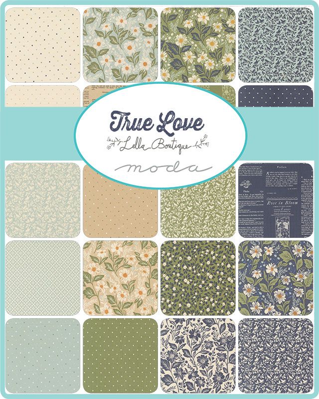 Collection of fabric swatches with 'True Love' branding on a teal background