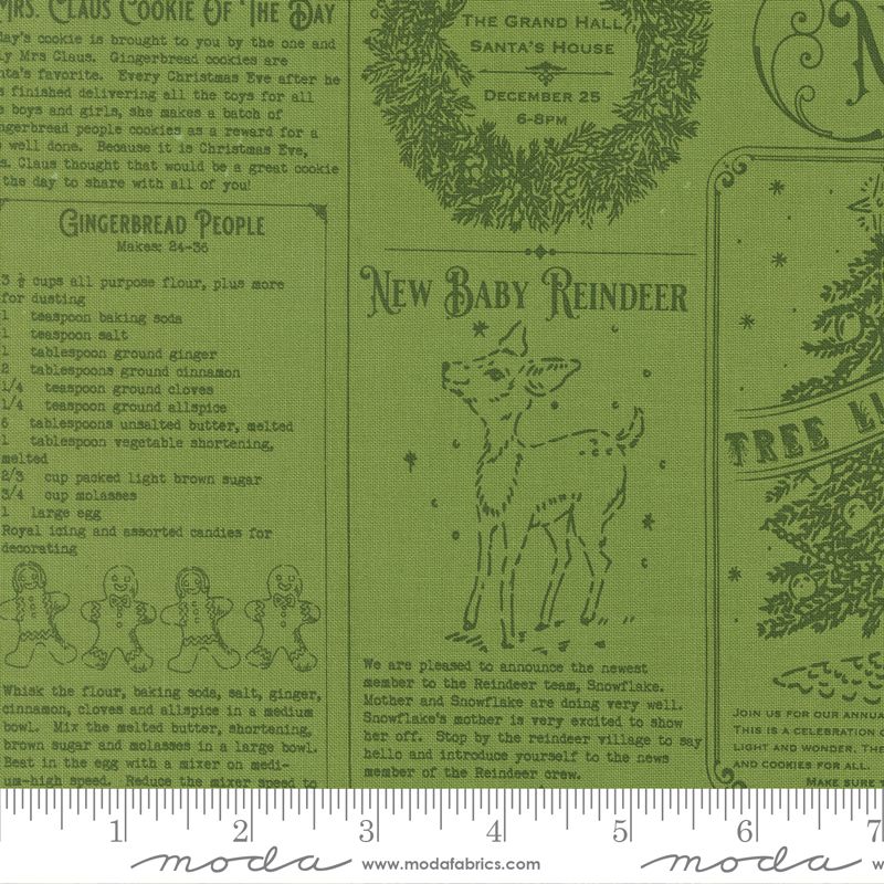 Green fabric with Christmas-themed designs, including gingerbread people and reindeer, on a green background.