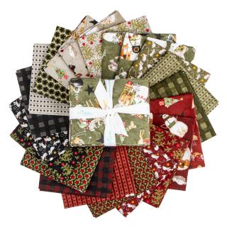 Collection of Christmas-themed fabric squares in various patterns on a white background