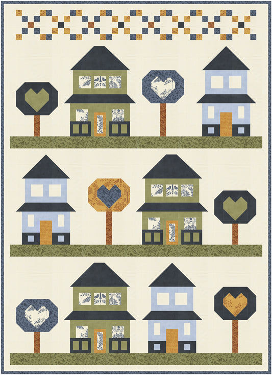 A quilt design featuring stylized houses and trees with heart-shaped windows and tree trunks, arranged in rows on a cream background with a blue border.
