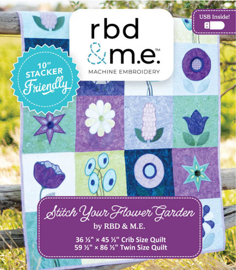 Embroidery USB kit packaging with floral patterns and text about machine embroidery by RBD & M.E.