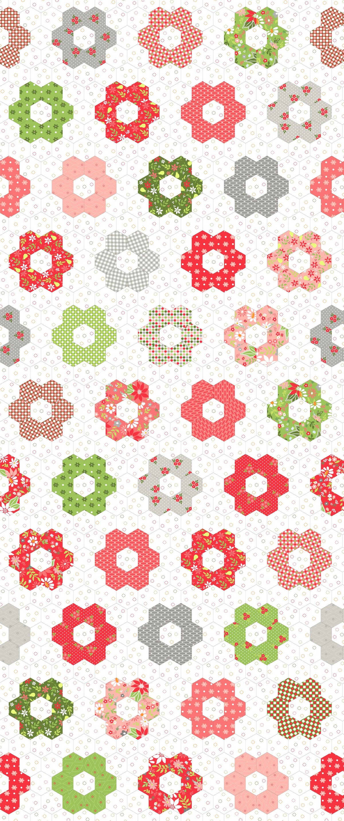 Pattern of colorful flower shapes on a white background