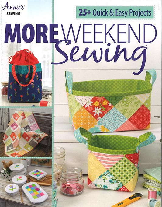 Book cover of 'More Weekend Sewing' with sewing projects and tools.