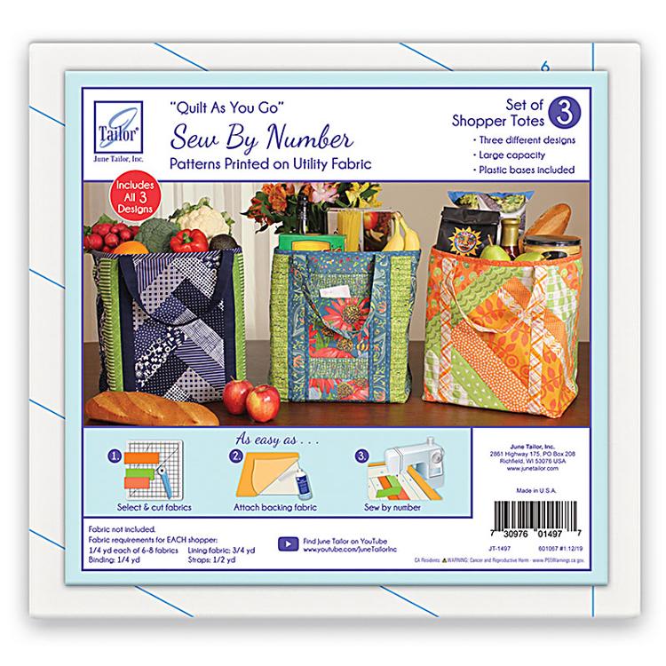 Package of 'Quilt As You Go' Sew By Number patterns for shopper totes with images of the totes and included items.