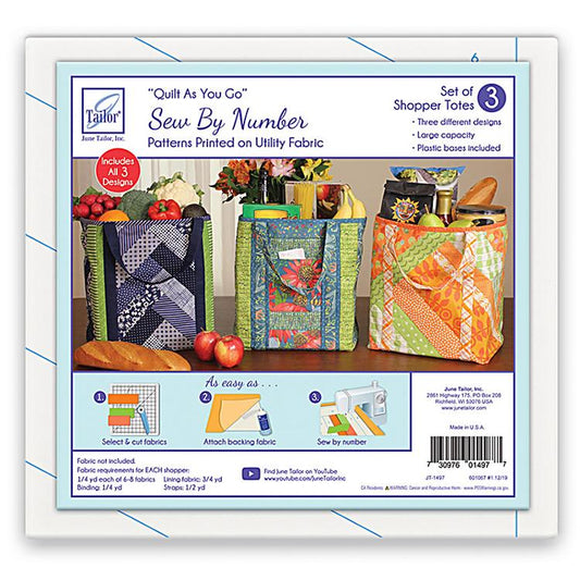 Package of 'Quilt As You Go' Sew By Number patterns for shopper totes with images of the totes and included items.