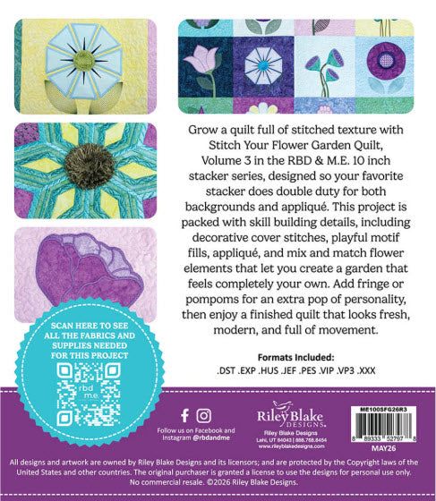 Back cover of an embroidery USB quilting pattern box by Riley Blake Designs, featuring four sample quilt designs, a product description, a QR code, and a purple footer with branding and barcode.