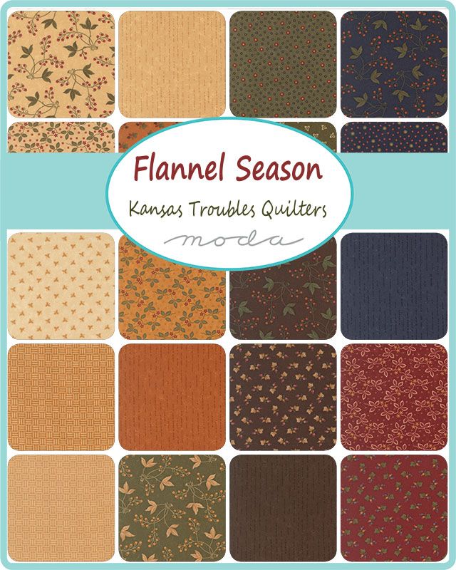 Collection of fabric swatches with 'Flannel Season' label by Kansas Troubles Quilters and Moda.