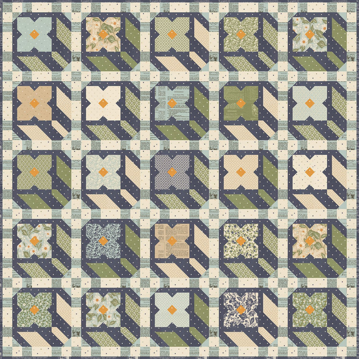 A repeating quilt pattern with geometric blocks and floral motifs in navy, cream, beige, sage green, and light blue, with small orange diamond accents.