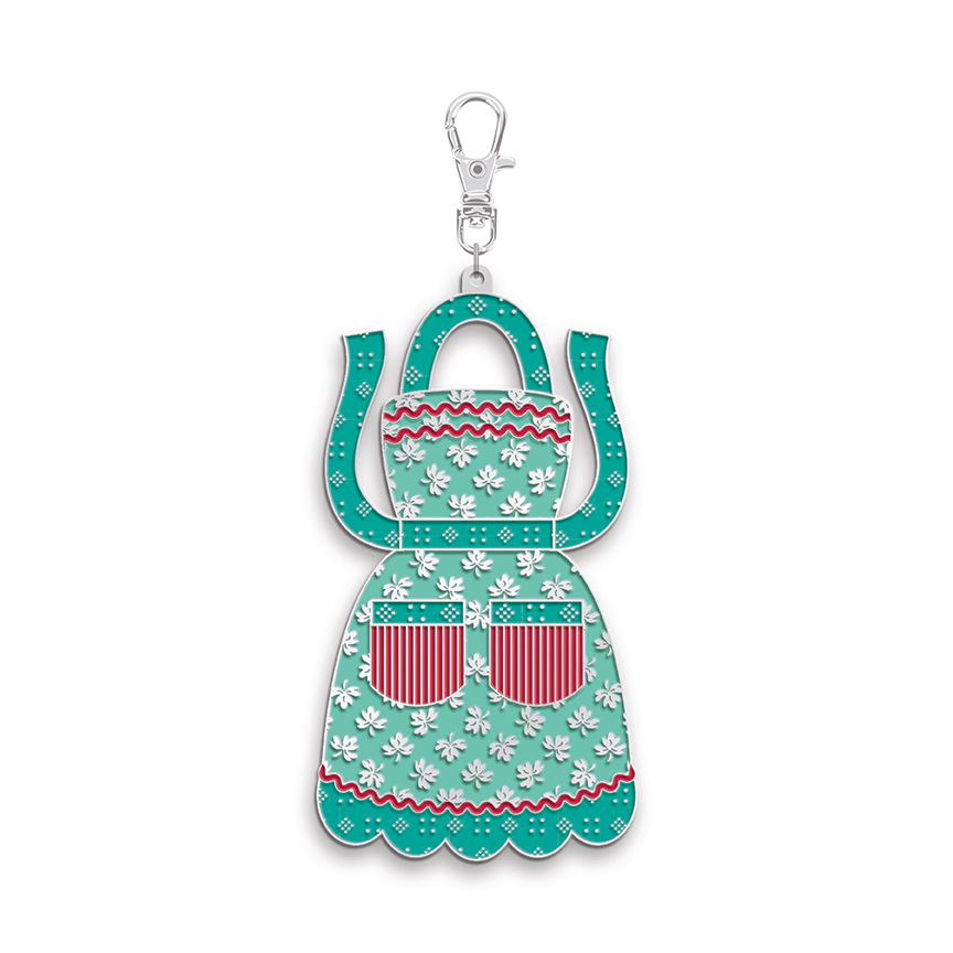 A turquoise and white floral apron-shaped keychain or bag charm with red striped pockets and a silver lobster clasp, shown on a plain white background.