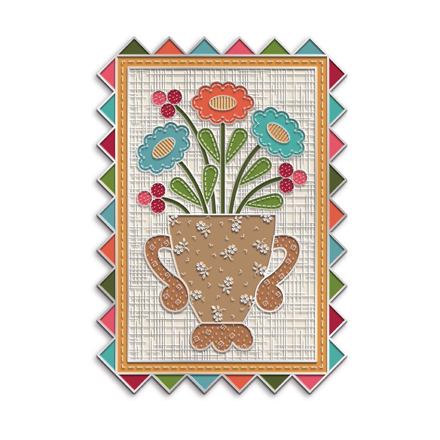 A decorative metal needle minder featuring a floral bouquet in a brown vase on a cream grid background, surrounded by a multicolored zigzag border.