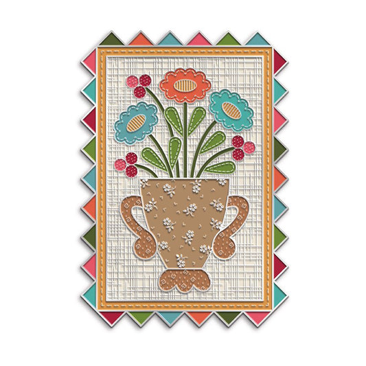 A decorative metal needle minder featuring a floral bouquet in a brown vase on a cream grid background, surrounded by a multicolored zigzag border.