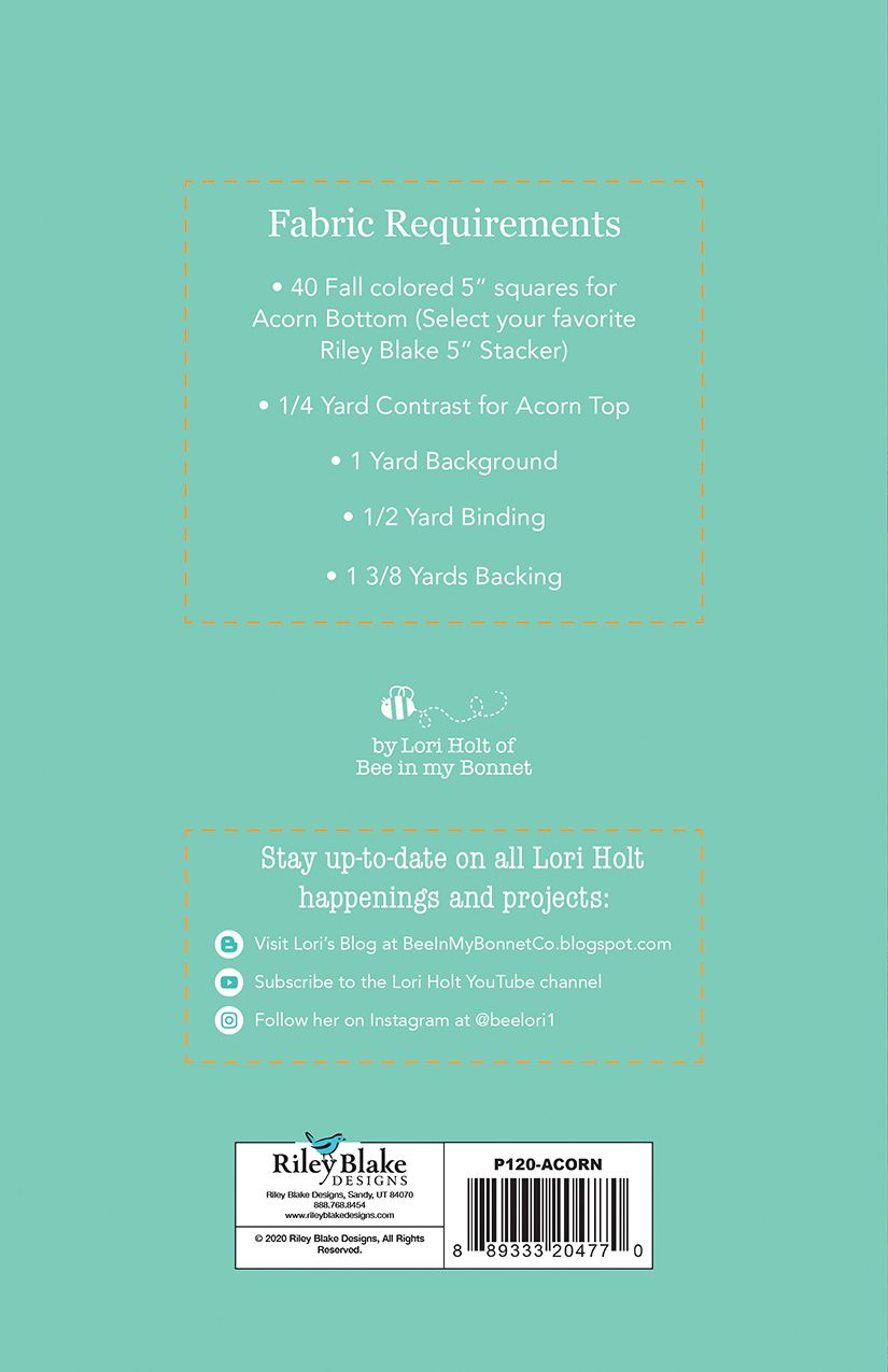 Back cover of a Riley Blake fabric pattern book on a solid teal background, displaying fabric requirements, a barcode, and contact information.