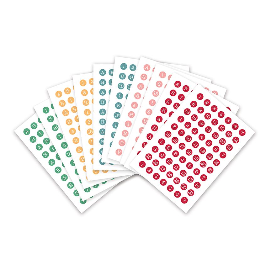 Set of 10 sheets with colorful dot stickers on a white background