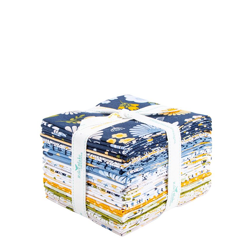 A fat quarter bundle tied with a white band, shown on a plain white background. The fabrics feature navy, blue, white, yellow, and green floral and botanical designs.