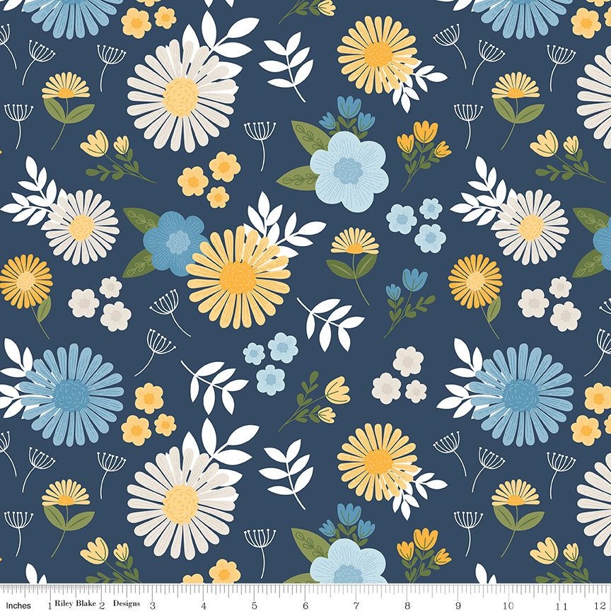 Floral pattern with blue, yellow, and white flowers on a dark blue background.